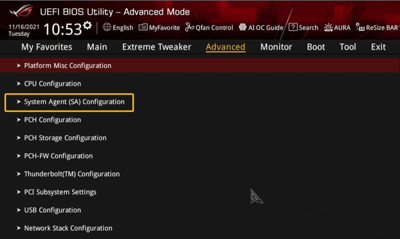 点击System Agent(SA)Configuration 游戏党必备:华硕主板IGPU核显设置,让你的游戏更流畅!