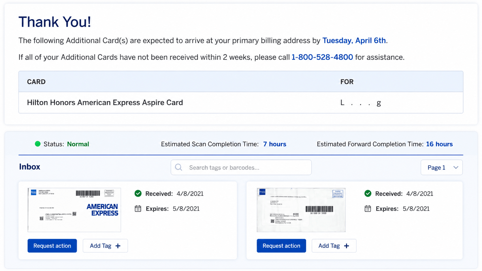 American Express 使用 Traveling Mailbox 账单地址收信示例
